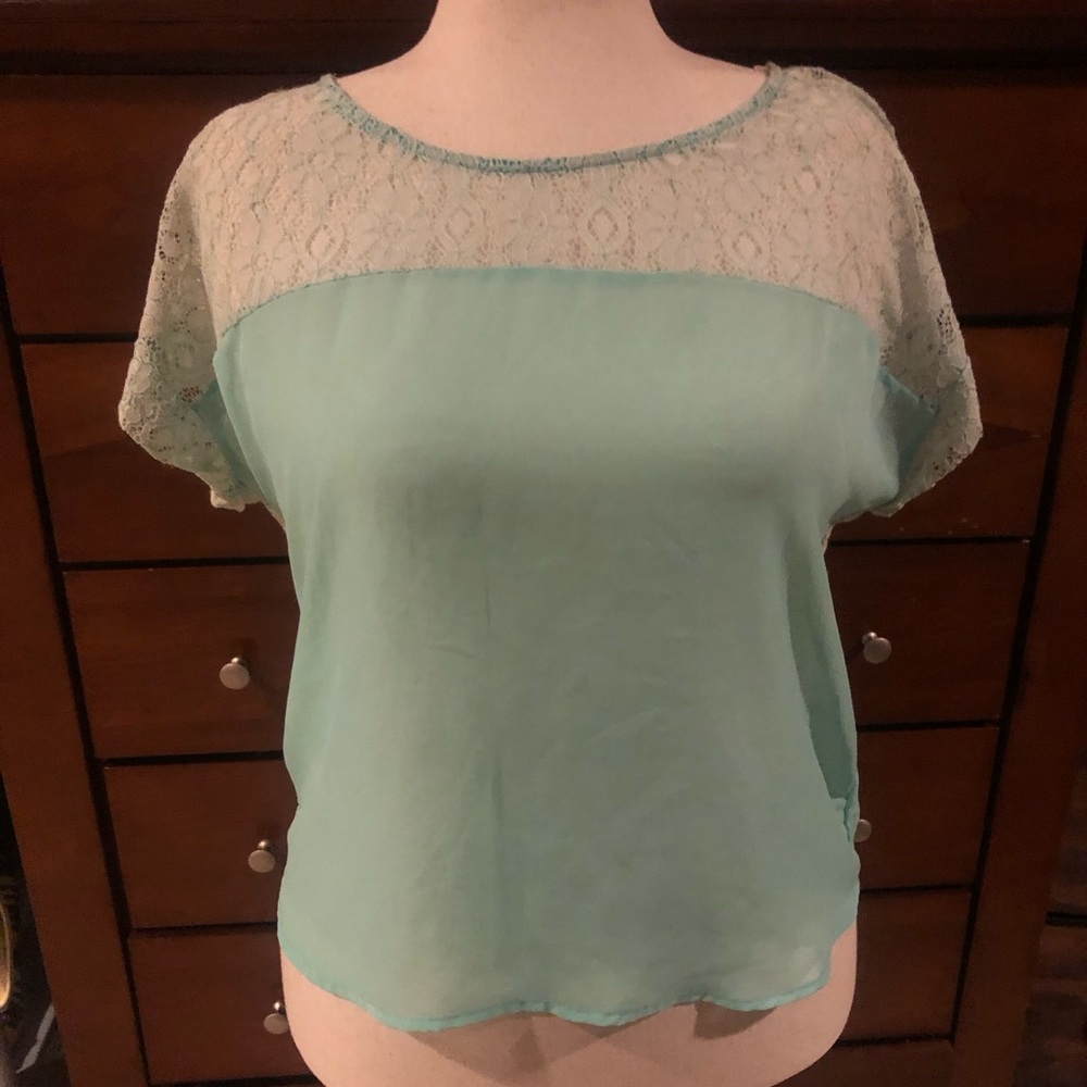 Mint Lace Yoke Short Sleeve Blouse